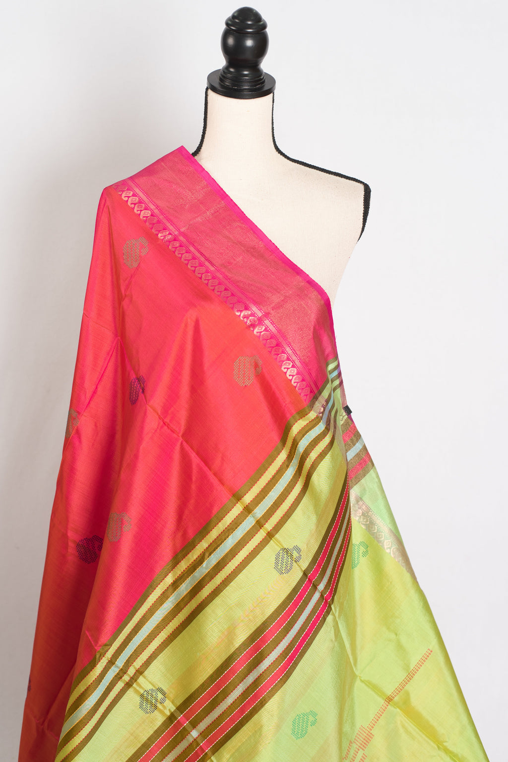 Malini : Bishnupur Katan Silk Saree in Peach Orange and Green