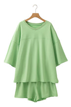 Meadow Mist Green Plus Size V Neck Drop Shoulder Tee Loose Shorts 2pcs Outfit