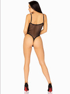 Snap crotch mesh cami bodysuit with adjustable straps and thong back.