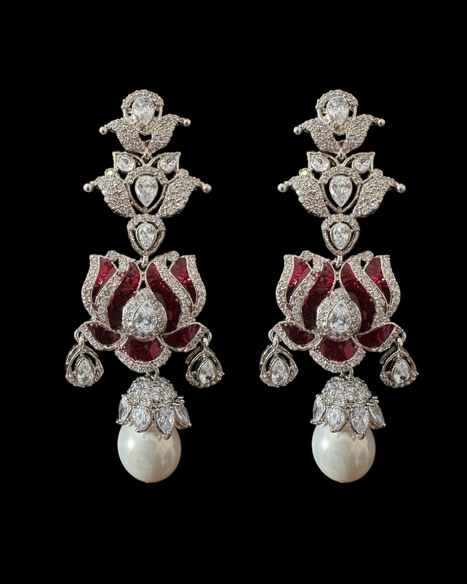 DER809 Lotus Cz earrings -Maroon ( READY TO SHIP )