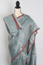 Benu: Grey & Red Bengal Tussar Silk Saree | Intricate Jamdani Weaving