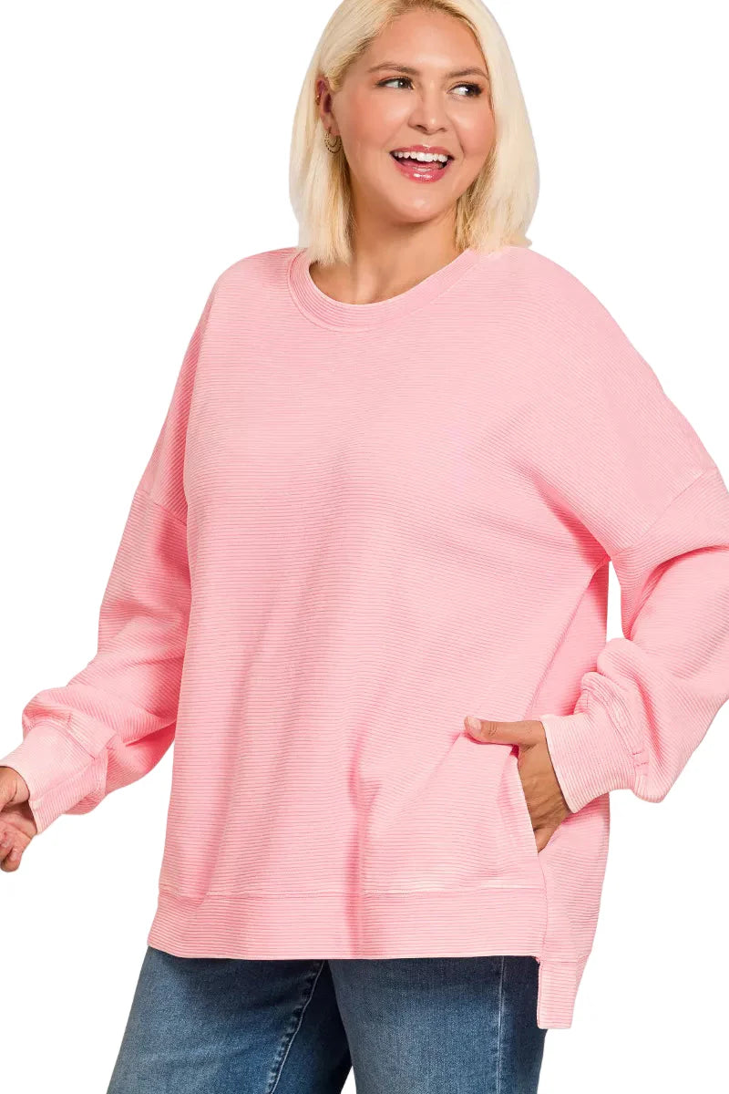 Zenana Full Size Acid Washed Double Ribbed Hi-low Sweatshirt Plus Size