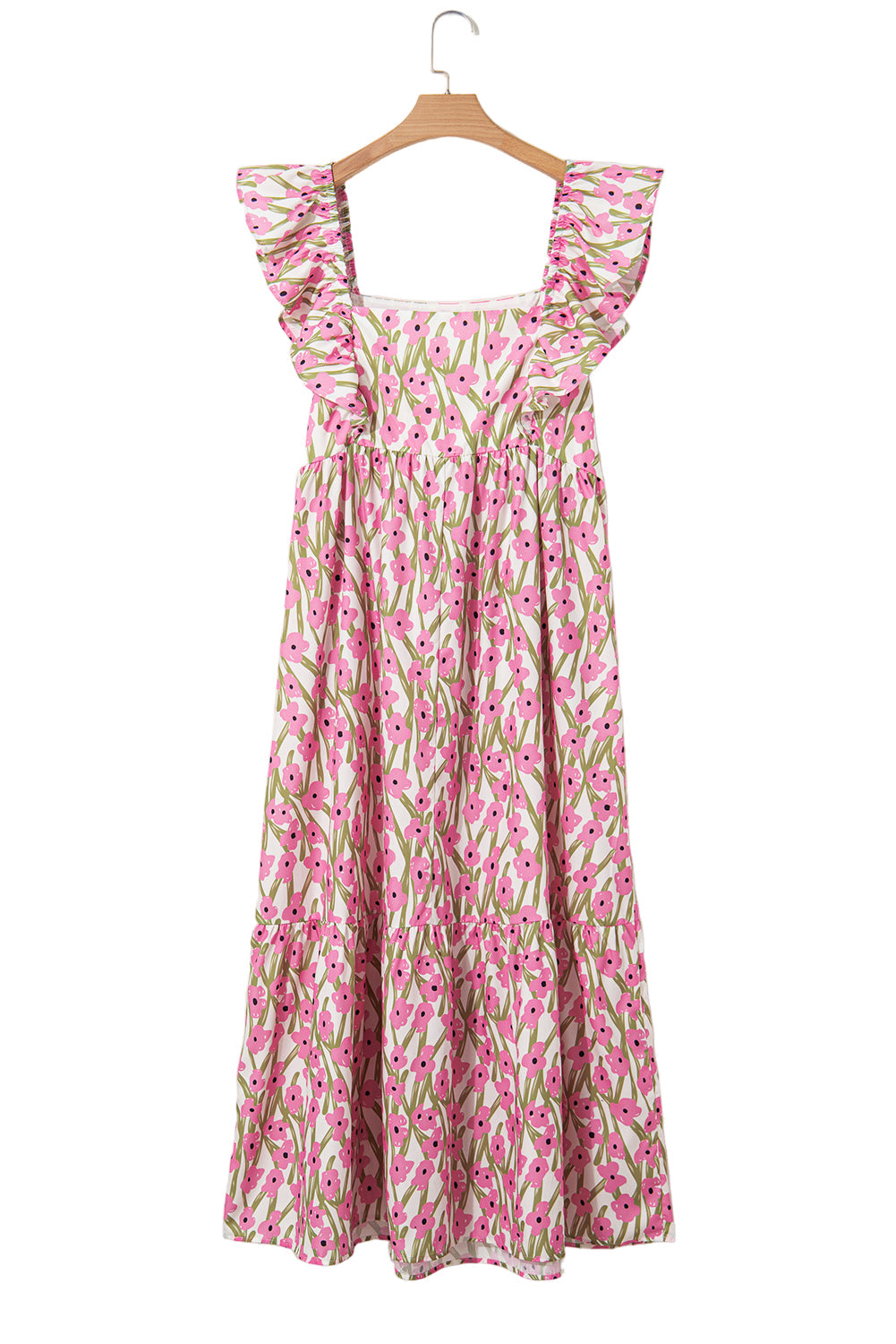 Pink Plus Size Ruffle Trim Square Neck High Waist Floral Maxi Dress