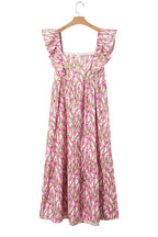Pink Plus Size Ruffle Trim Square Neck High Waist Floral Maxi Dress
