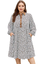 Khaki Plus Size Button V Neck Leopard Print Puff Sleeve Loose Mini Dress