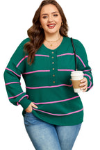 Green Stripe Half Buttons Drop Shoulder Plus Size Sweater