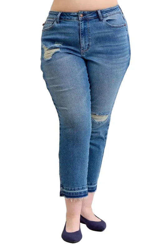 Judy Blue Full Size Mid Rise Bf Patch & Repair Destroy Release Hem Jeans Plus Size