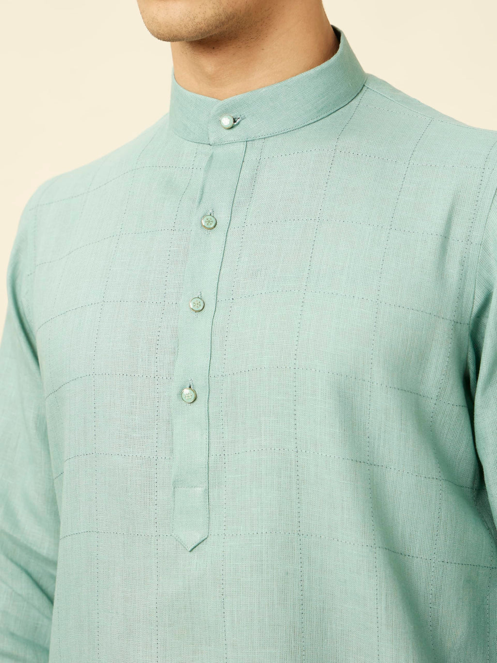 Manyavar Mens Tropical Blue Chequered Kurta