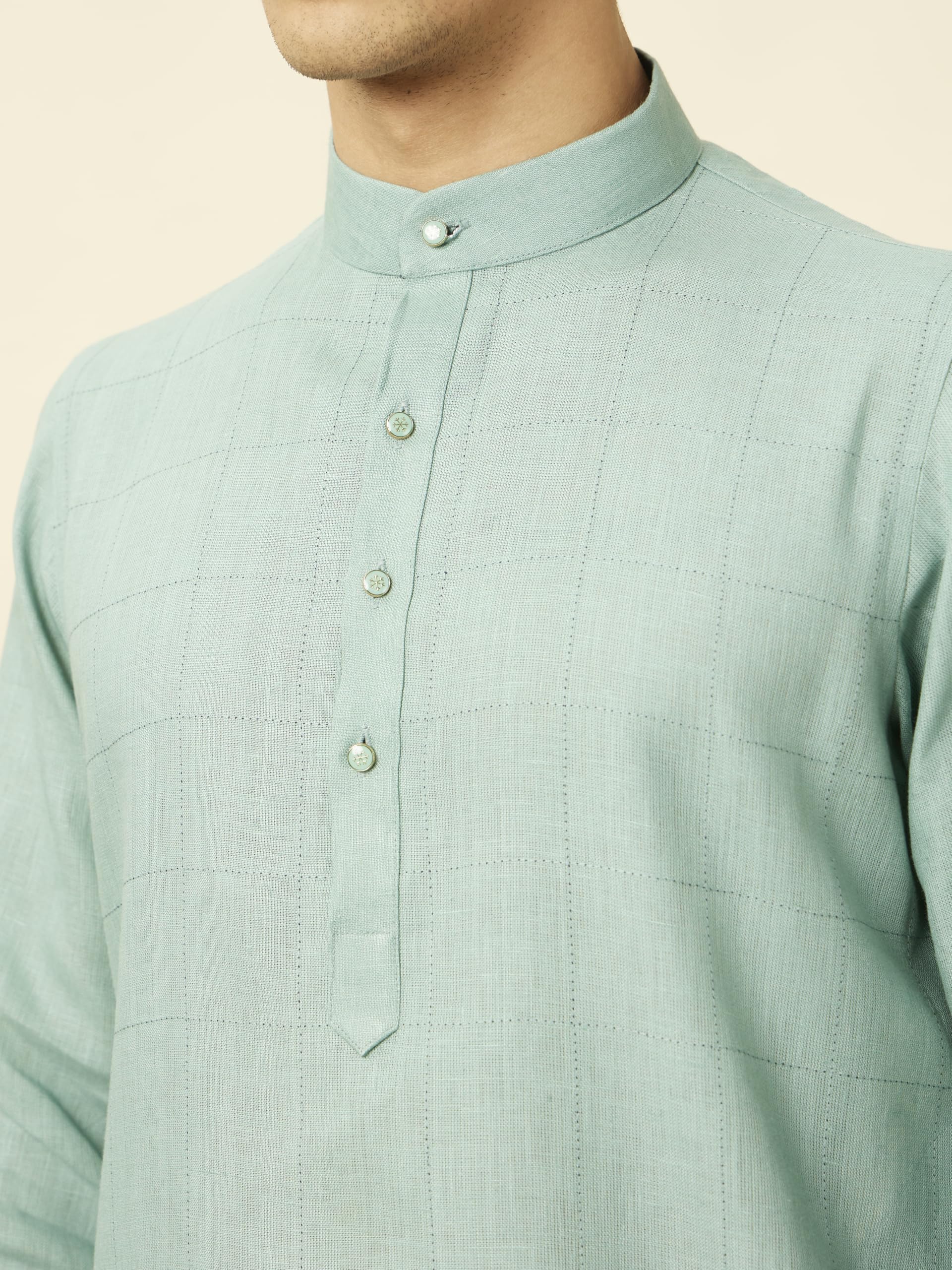 Manyavar Mens Tropical Blue Chequered Kurta