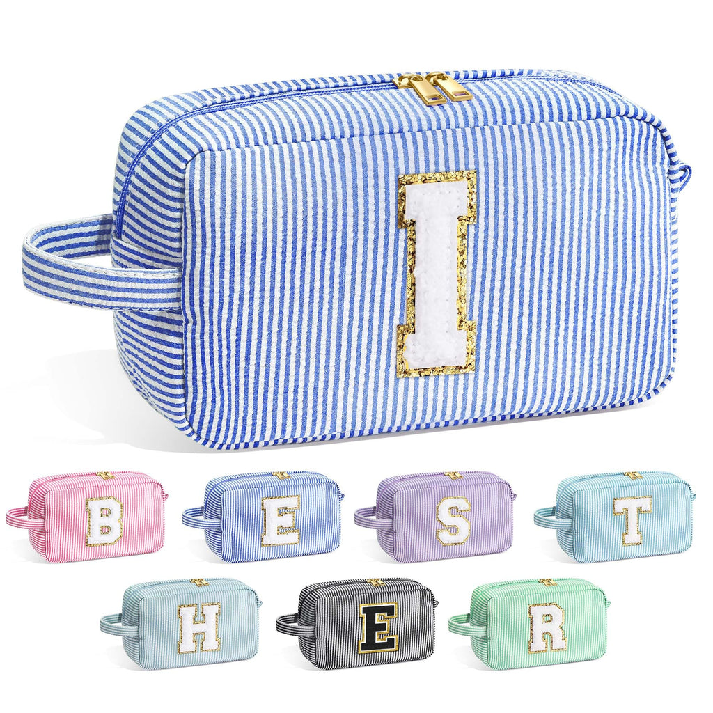 YOOLIFE Initial Cosmetic Bag for Women - Monogram Cute Blue Makeup Bag Cosmetic Toiletry Pouch Make Up Case for Women Her Best F