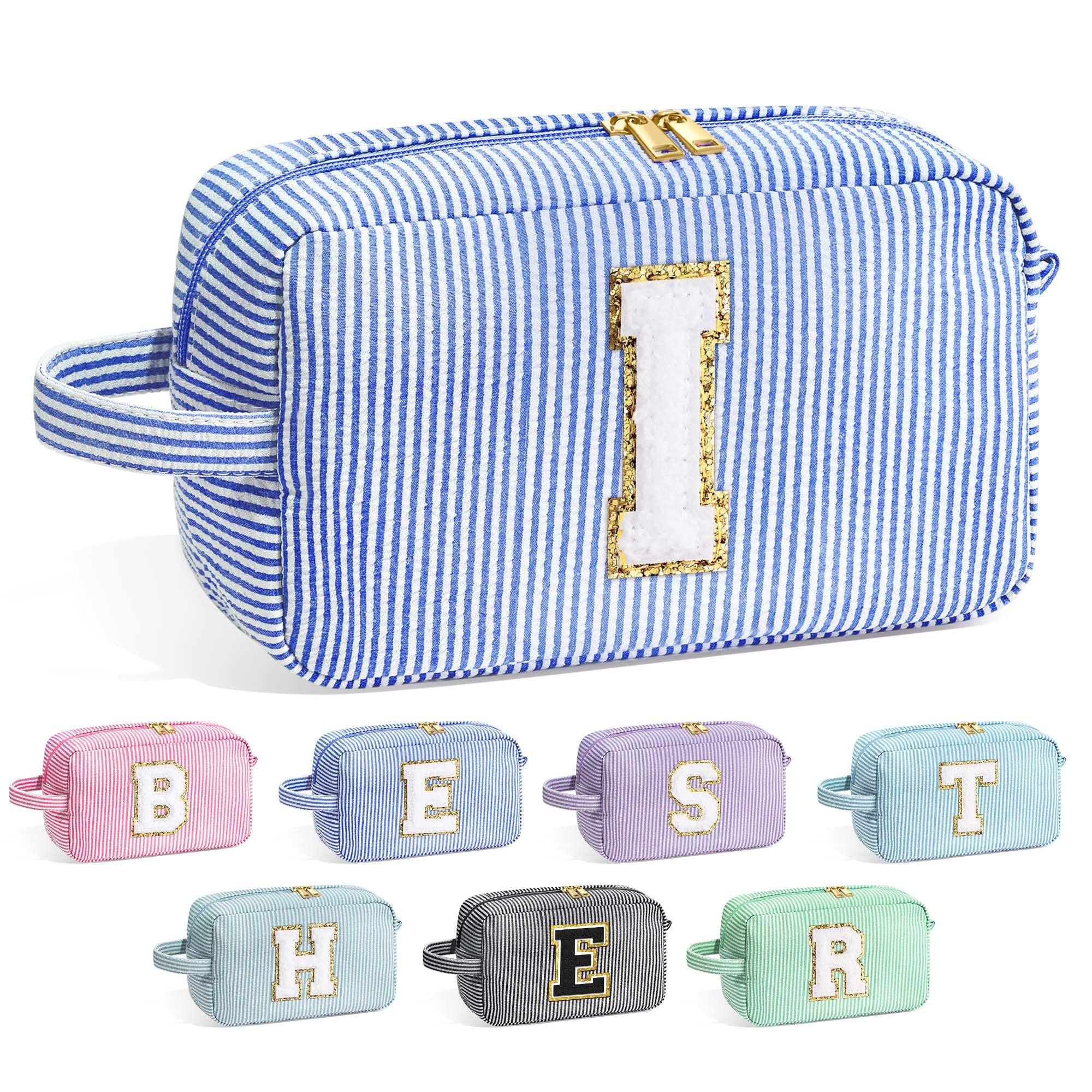 YOOLIFE Initial Cosmetic Bag for Women - Monogram Cute Blue Makeup Bag Cosmetic Toiletry Pouch Make Up Case for Women Her Best F