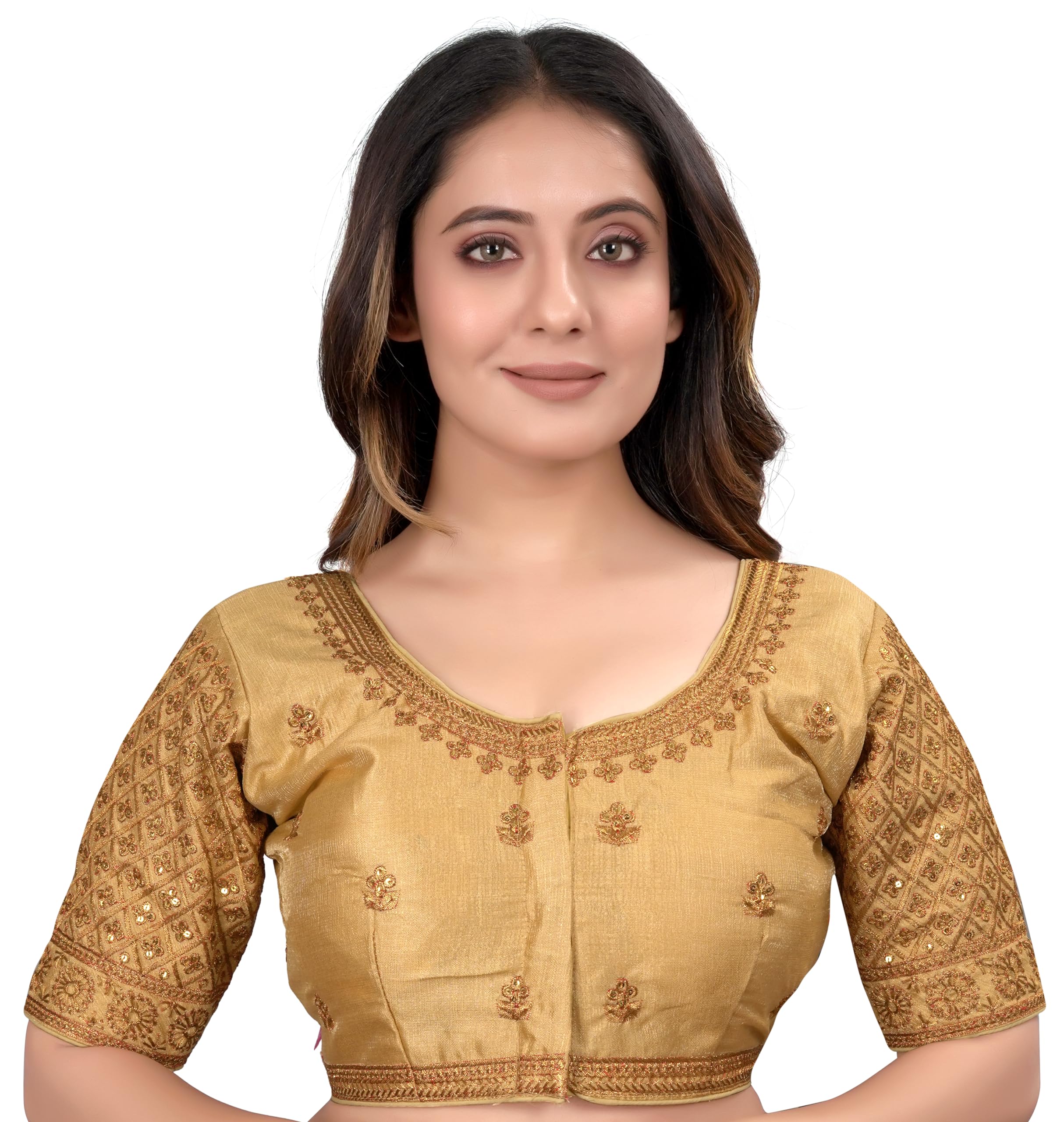 Pujia Mills Womens Art Silk Half Sleeve Embroidery Half Readymade Saree Blouse For Women Sequence Work Blouse