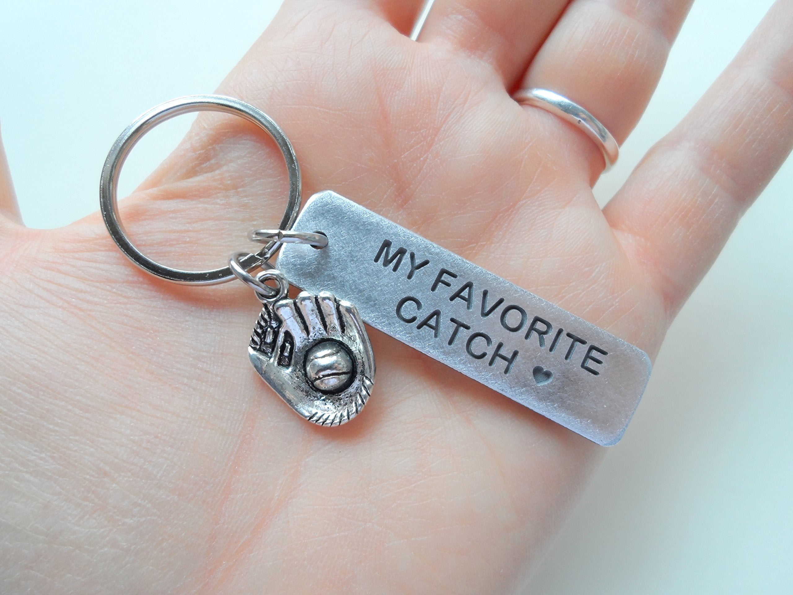 Baseball Mitt Charm Keychain With My Favorite Catch Engraved Aluminum Tag; Couples Keychain
