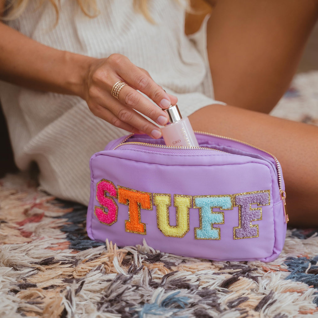 Fablinks Preppy Pouch, Chenille Varsity Letter Stuff Bag, Purple STUFF Nylon Skin Care Patch Bags Organizer, Travel Make Up Skin