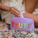 Fablinks Preppy Pouch, Chenille Varsity Letter Stuff Bag, Purple STUFF Nylon Skin Care Patch Bags Organizer, Travel Make Up Skin