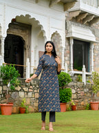 ANNI DESIGNER Women s Printed Rayon Blend Kurta and Pants, Blue, 44