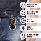Dakota Digital Backpacker Clip, Fob and Pocket Watch, Alarm, Stopwatch, Timer and Dual Time, Outdoor Gifts for Men and Women, Ta