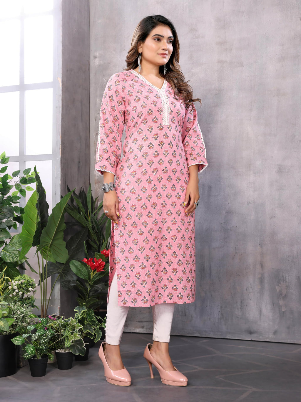 Rangita Pink Cotton Calf Length Embroidered Straight Kurti | Kurta For Women