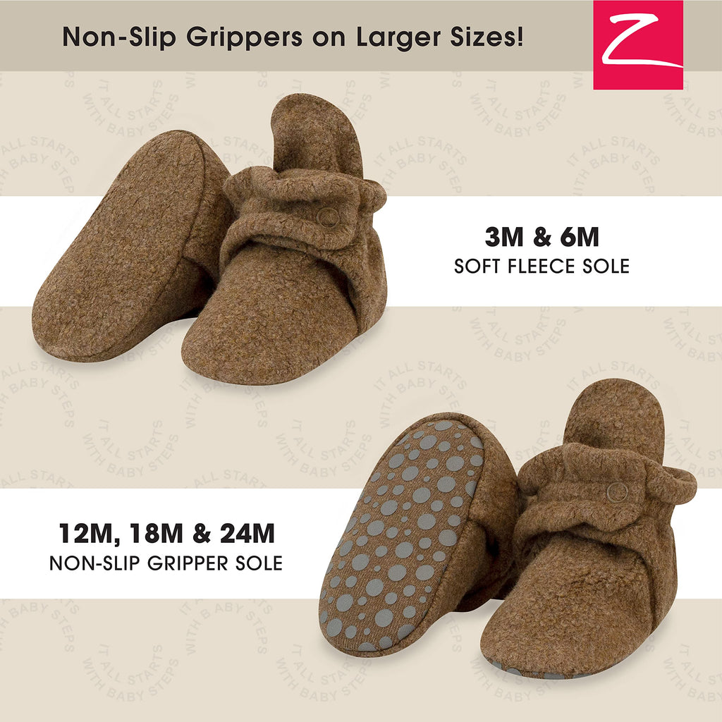 Zutano Unisex Cozie Fleece Baby Booties with Grippers, Baby Essentials, Mocha Heather, 18 Months