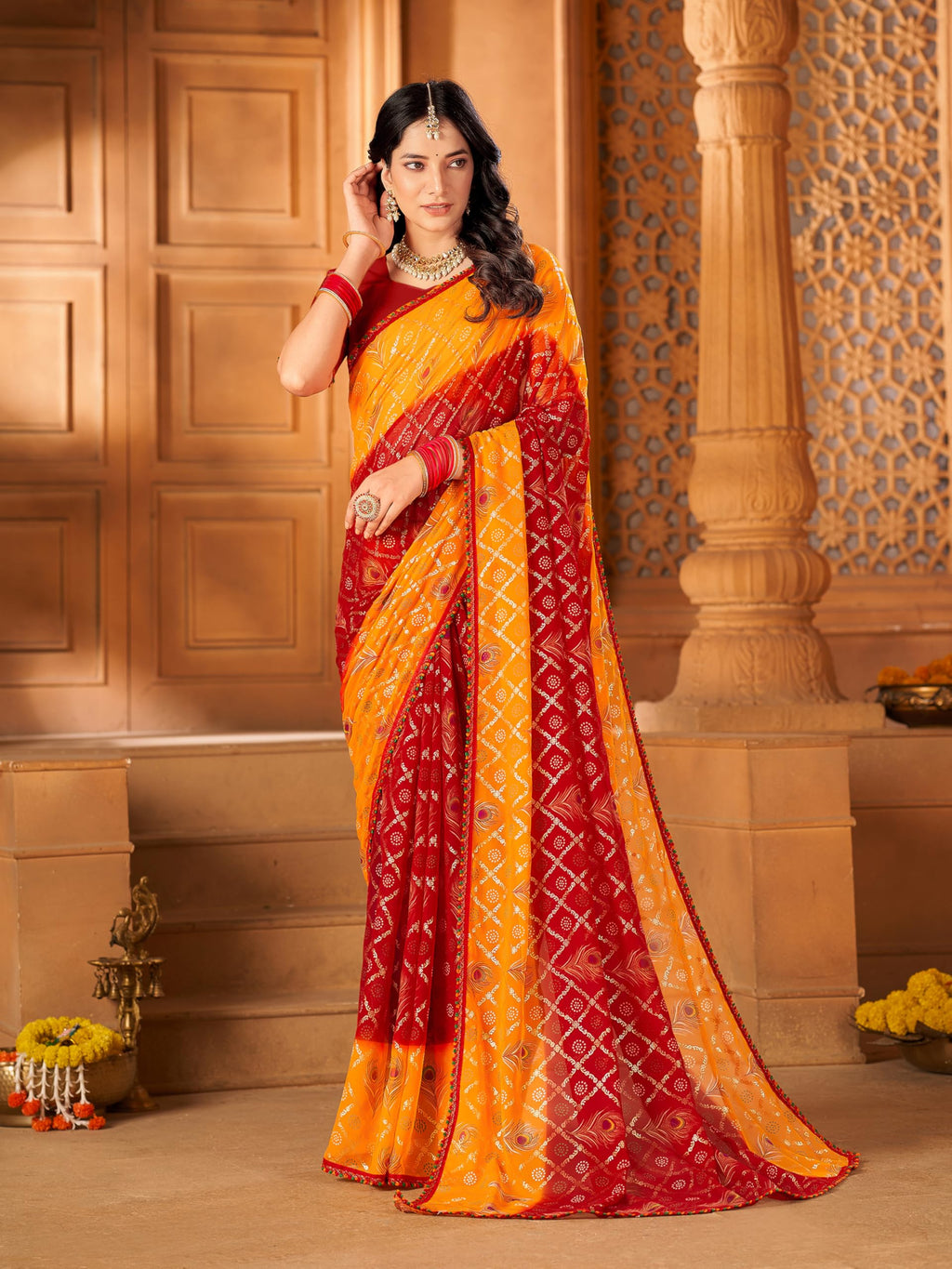 Glory Sarees Womens Georgette Bandhani Foil Print Saree With Blouse Piece