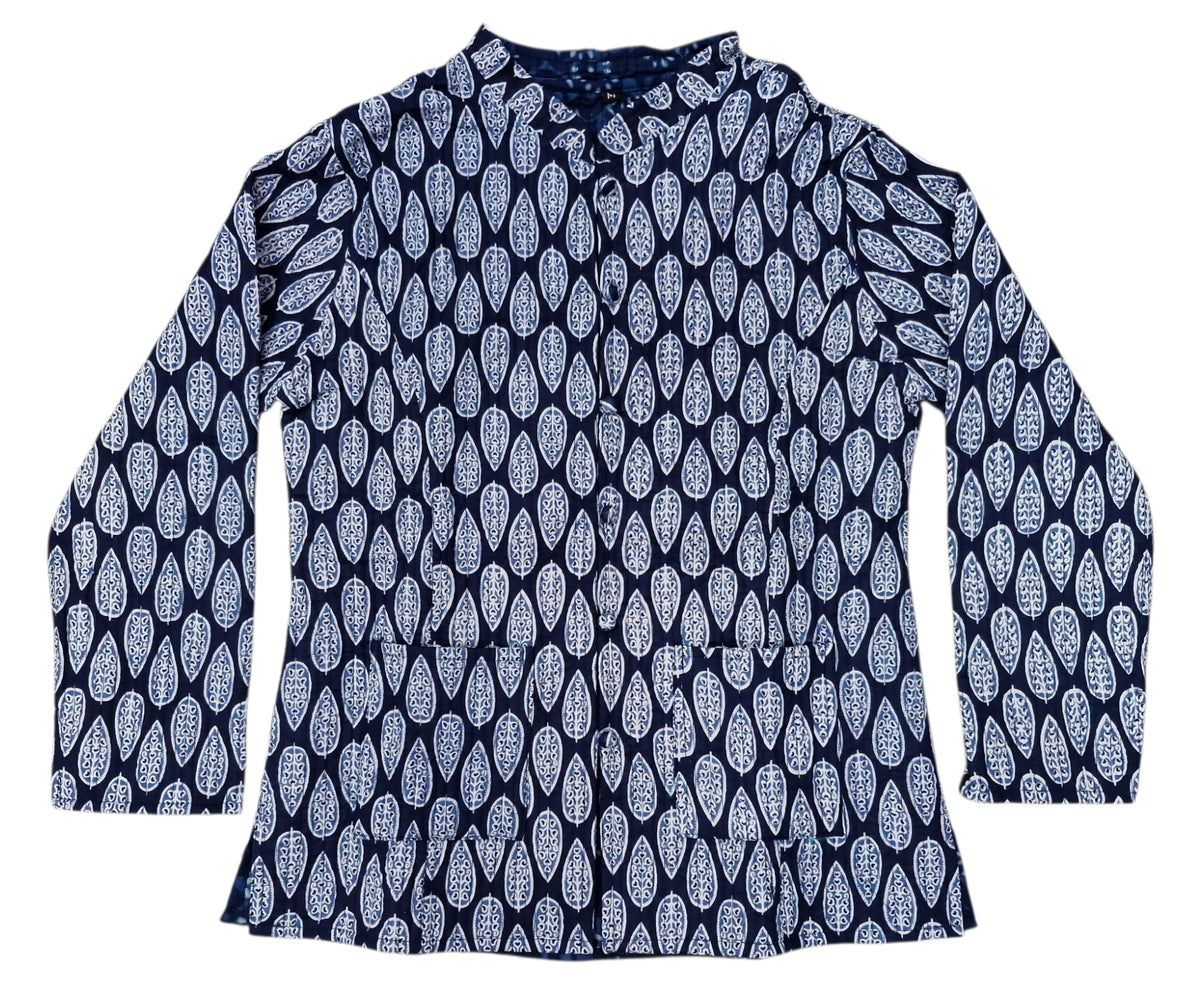 SHUBHANGI COLLECTIONS Womens Long Sleeve Navy Blue with White Leaf Pattern, Casual Tunic Jacket (IN, Alpha, 2XL, Regular, 1, Bl 2