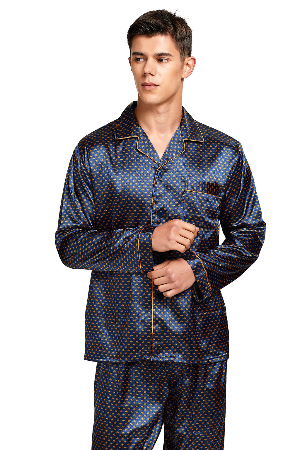 TONY AND CANDICE Men's Classic Satin Pajama Set Sleepwear (Blue/Golden, Medium)