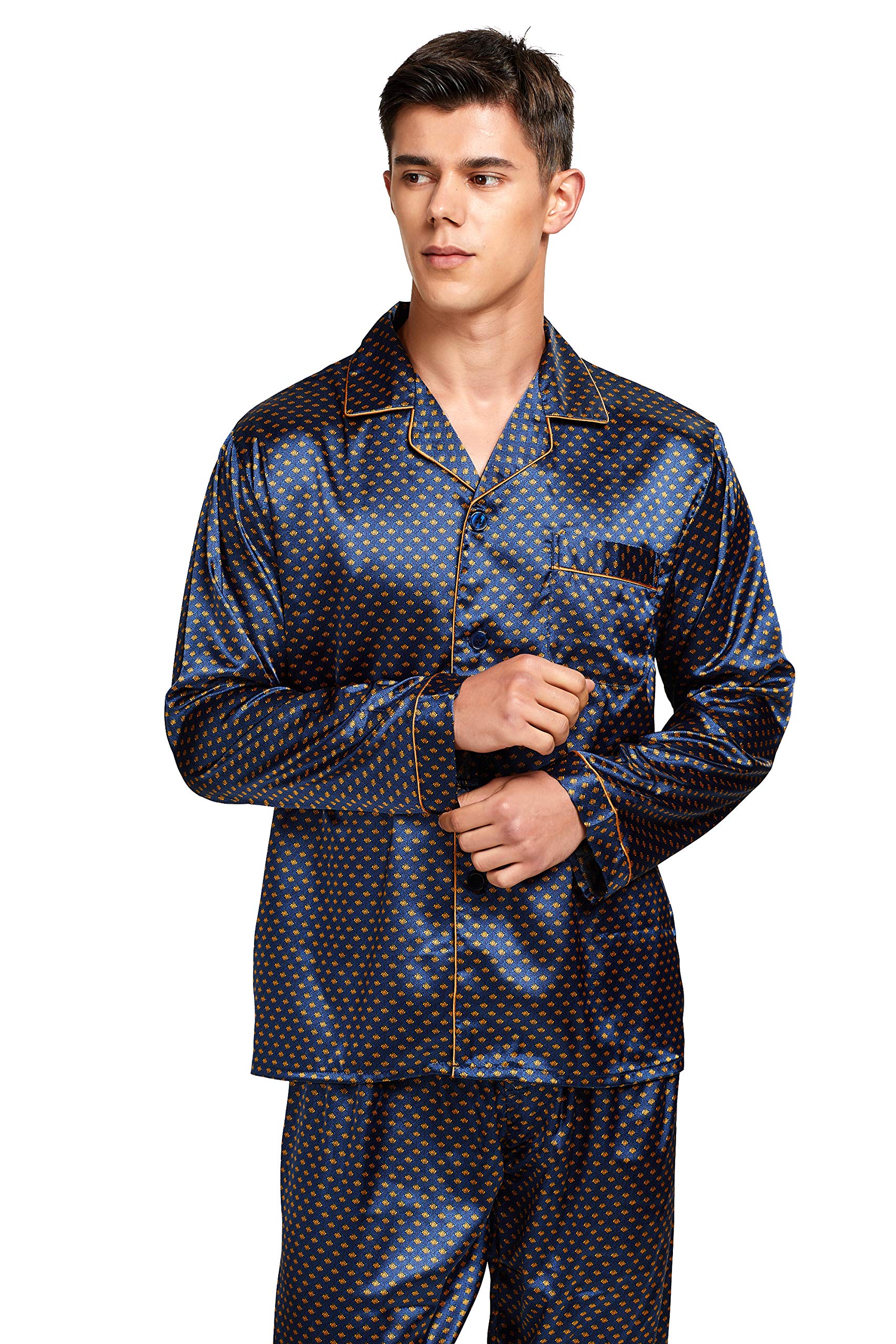 TONY AND CANDICE Men's Classic Satin Pajama Set Sleepwear (Blue/Golden, Medium)