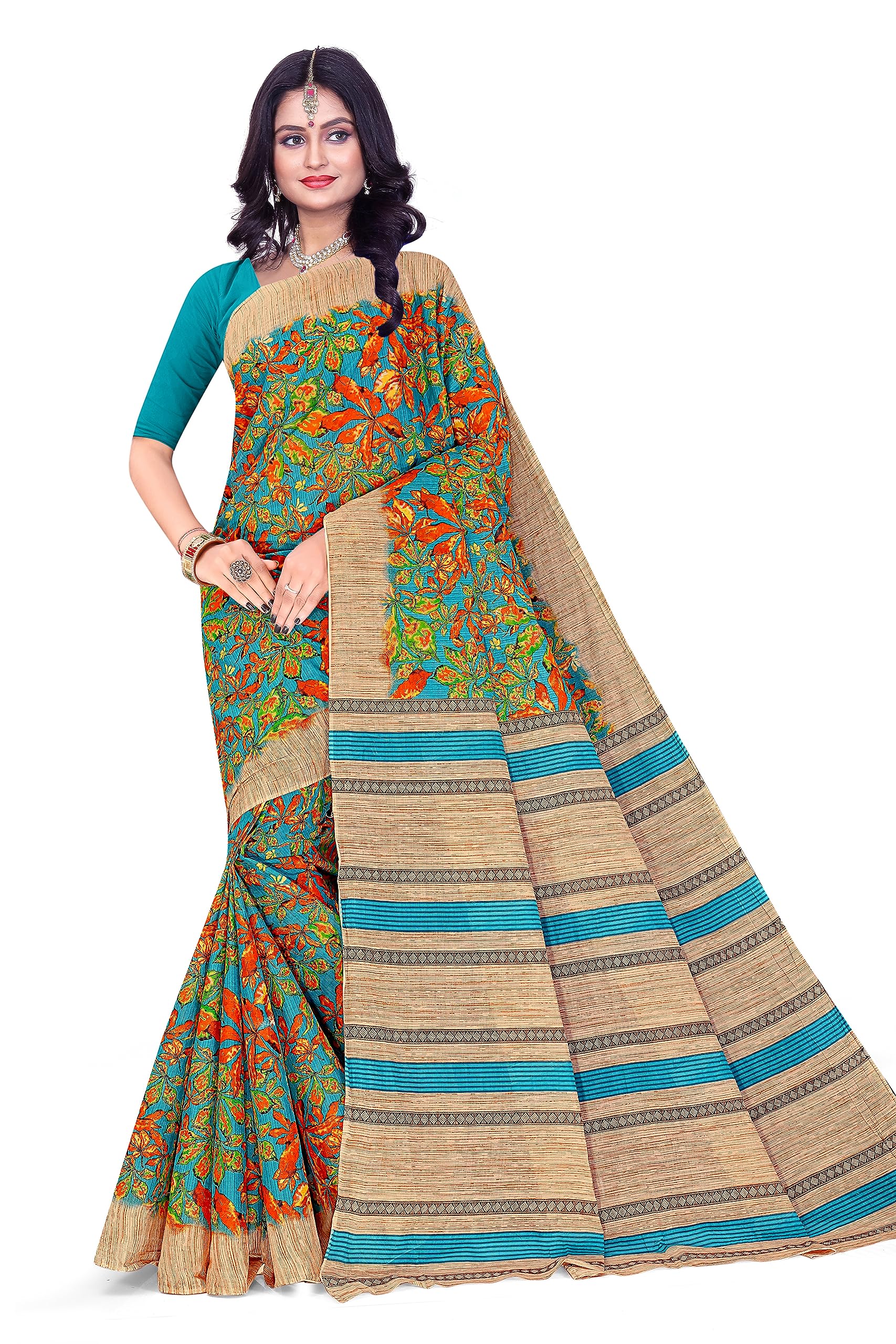 TAMAIRA FASHION Womens Autumn Leaf Print Pure Cotton Saree Without Blouse Piece(11184_Seagreen)