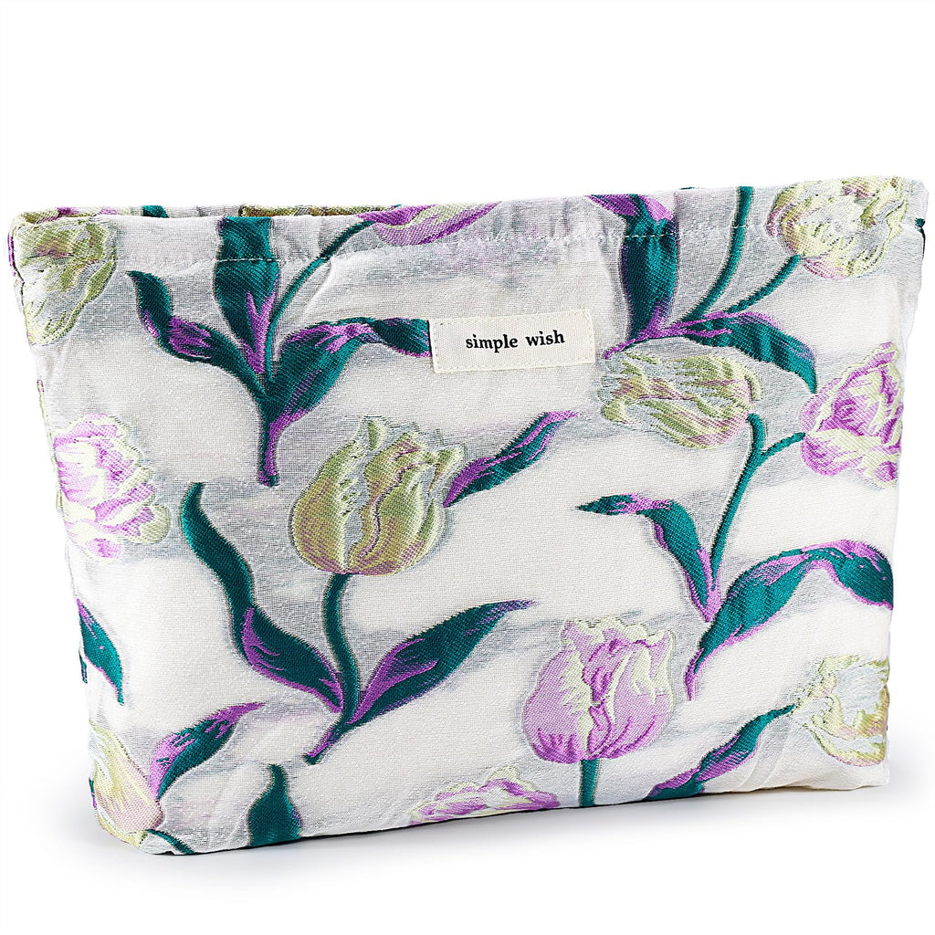 ZLFSRQ Tulip Makeup Bag Travel Cute Purple Flower Floral Cosmetic Bags for Women Large Embroidery Makeup Pouch Zipper Cosmetic P