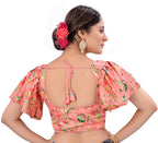 Pujia Mills WomenS Multicolor Butterfly Floral Print Pattern Ruffle Sleeve Readymade Saree Blouse
