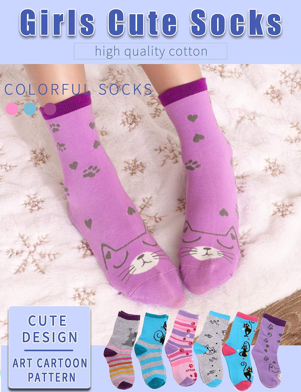 Girls Fashion Cotton Crew Cute Cat Shorty Socks 6 Pack (Cat, 9-14 Years Old)