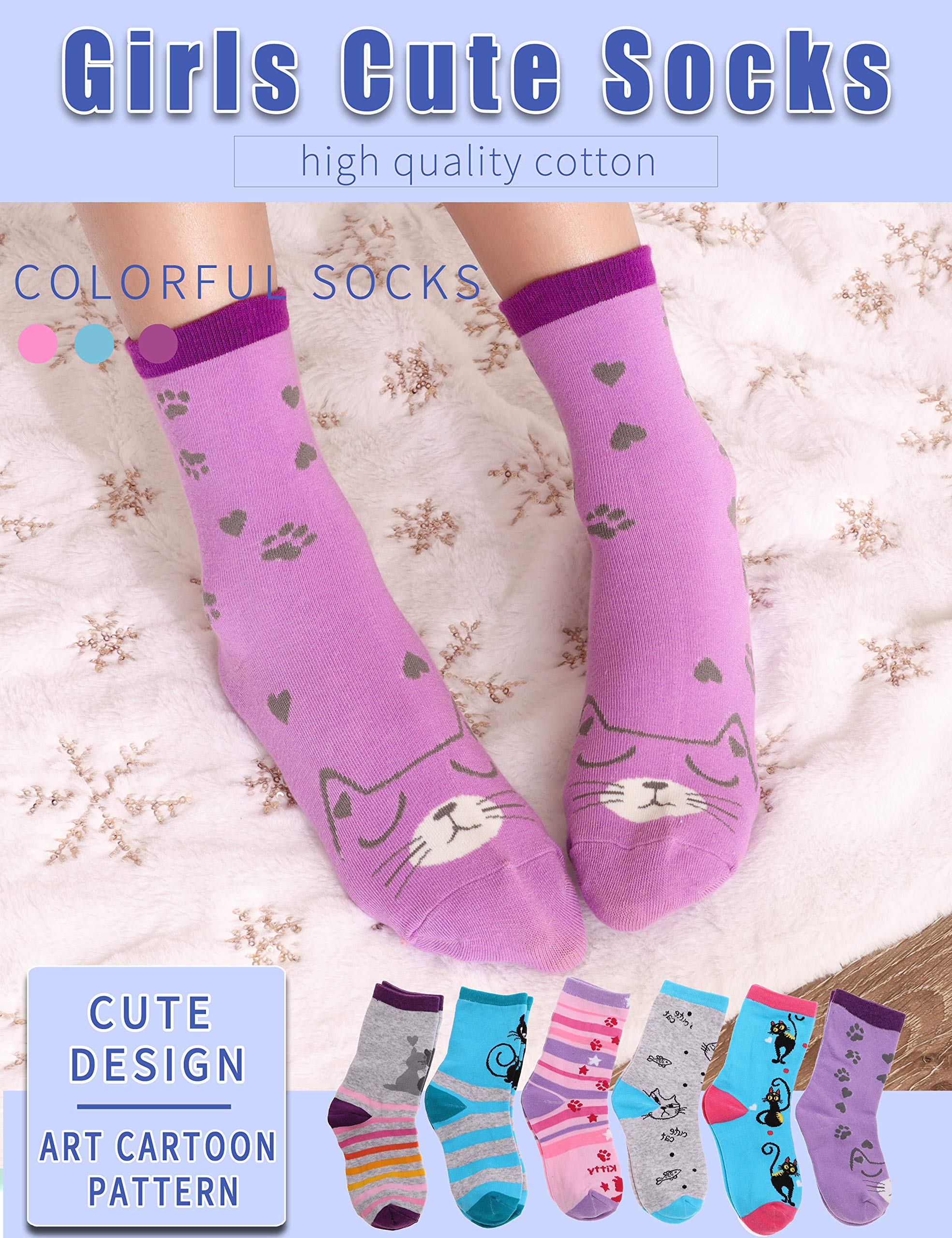 Girls Fashion Cotton Crew Cute Cat Shorty Socks 6 Pack (Cat, 9-14 Years Old)