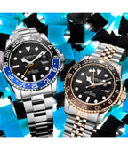 Stuhrling Original Men's Watch Stainless Steel Triple Row Bracelet Dual Time Date with Screw Down Crown