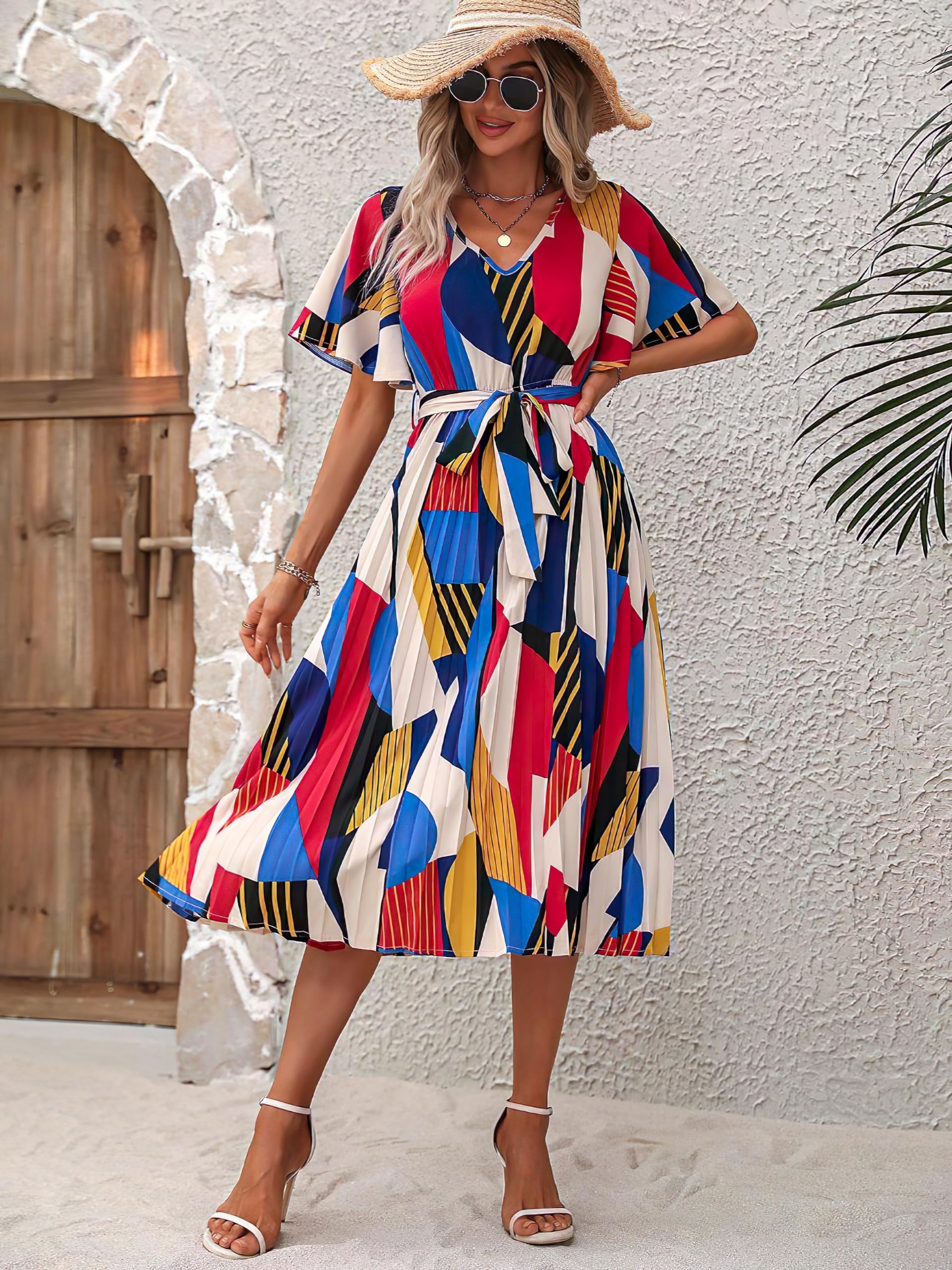 Kzully | Women A-Line Dress With Pleats, Has An V-Neck, Printed Top Comes With A Belt Blue