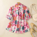 Gufrina Women Pink Multicolor Floral Print Button-Down Shirt With Elbow Sleeves And Collar Neck In Soft Breathable Fabric Ideal
