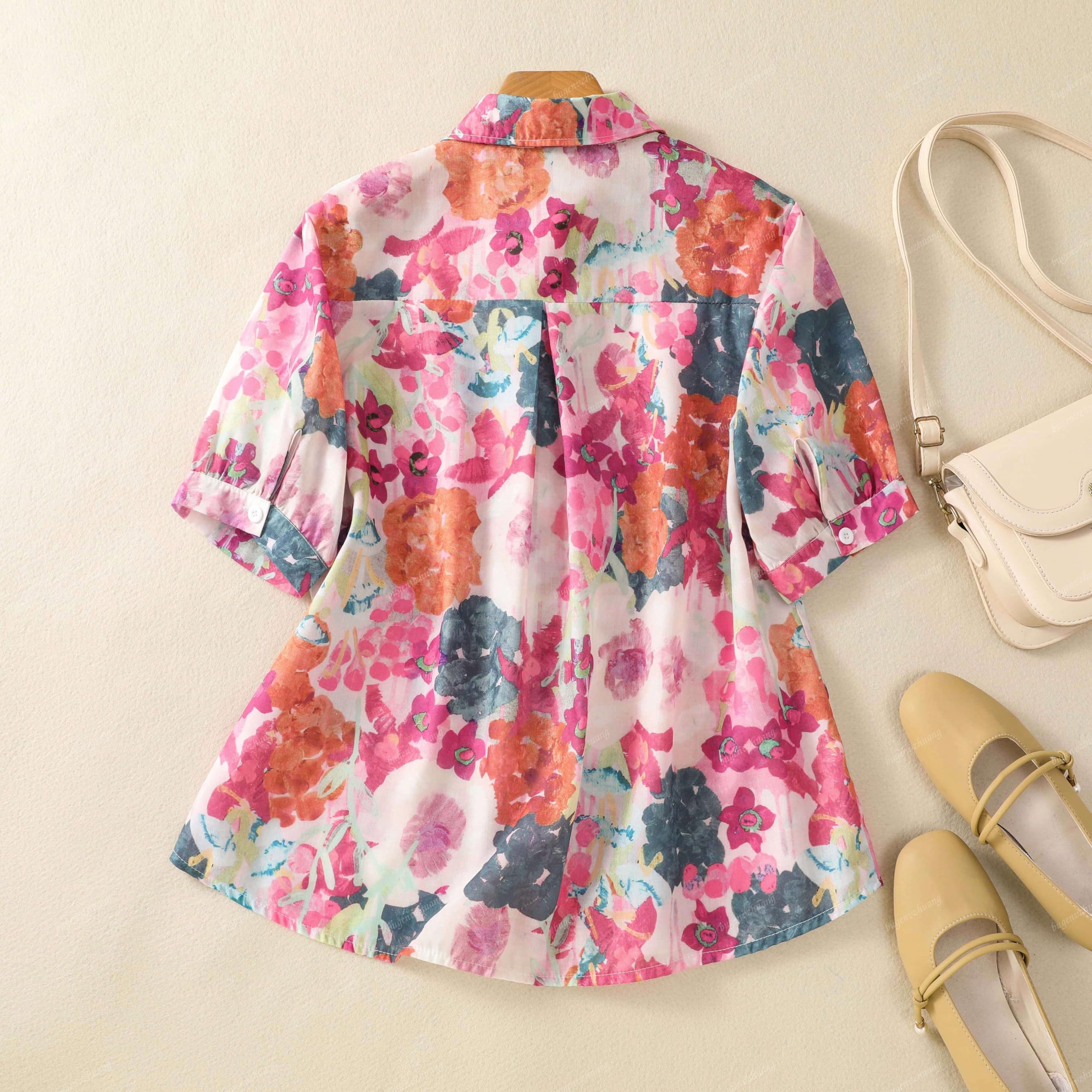 Gufrina Women Pink Multicolor Floral Print Button-Down Shirt With Elbow Sleeves And Collar Neck In Soft Breathable Fabric Ideal