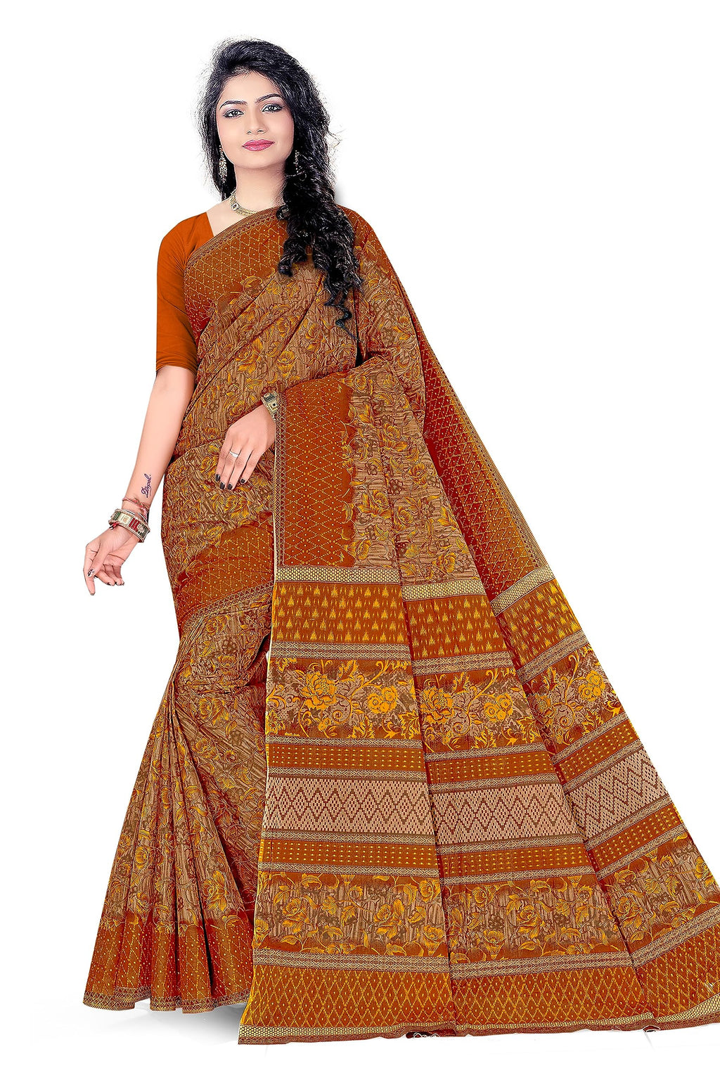 TAMAIRA FASHION Womens Plain Weave Floral Print Pure Cotton Saree Without Blouse Piece(11146_Beige&Mustard)