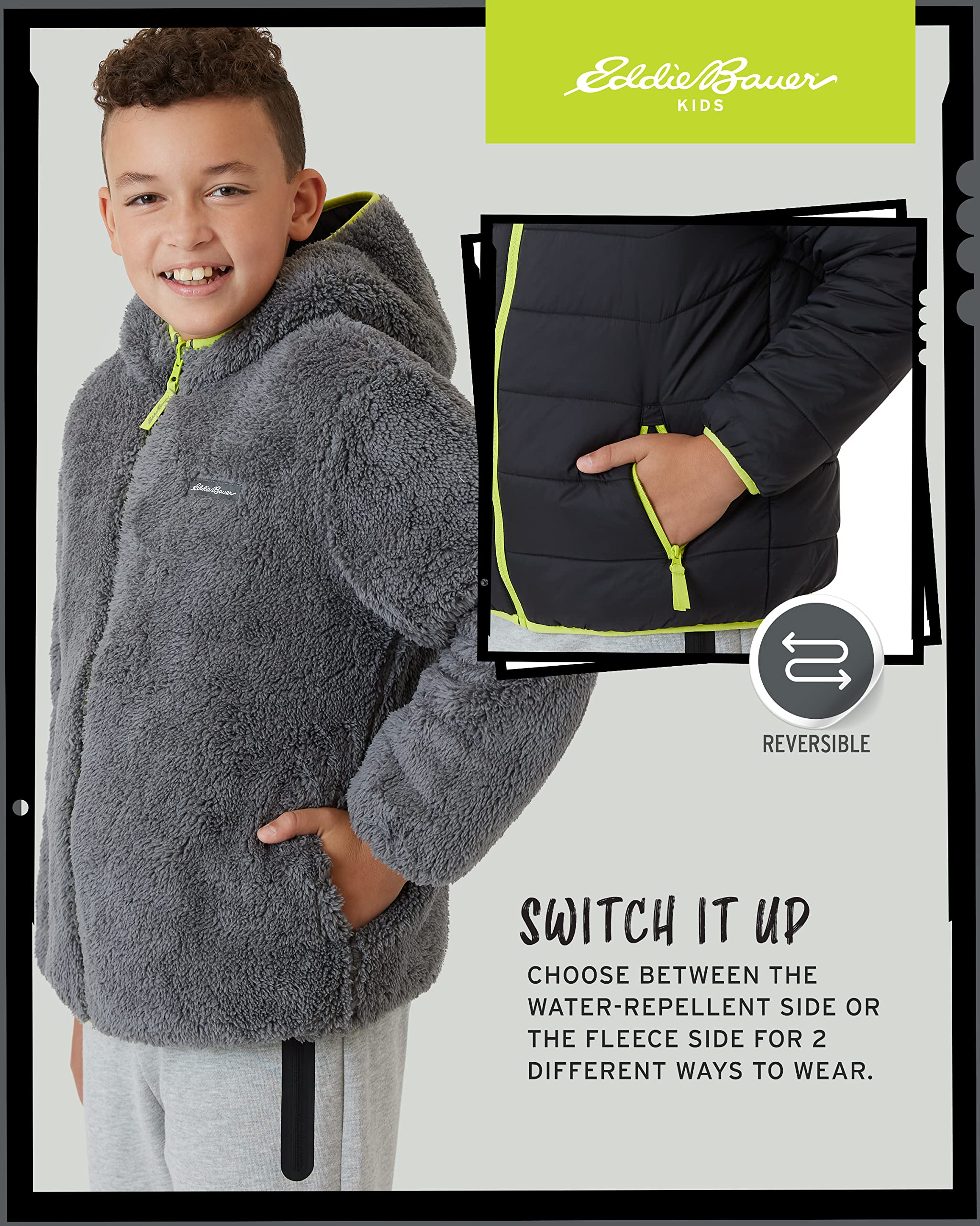 Eddie Bauer Boys' Reversible Jacket - Deer Harbor Waterproof Lightweight Puffer Coat with Faux Shearling Lining (5-20), Size 14-