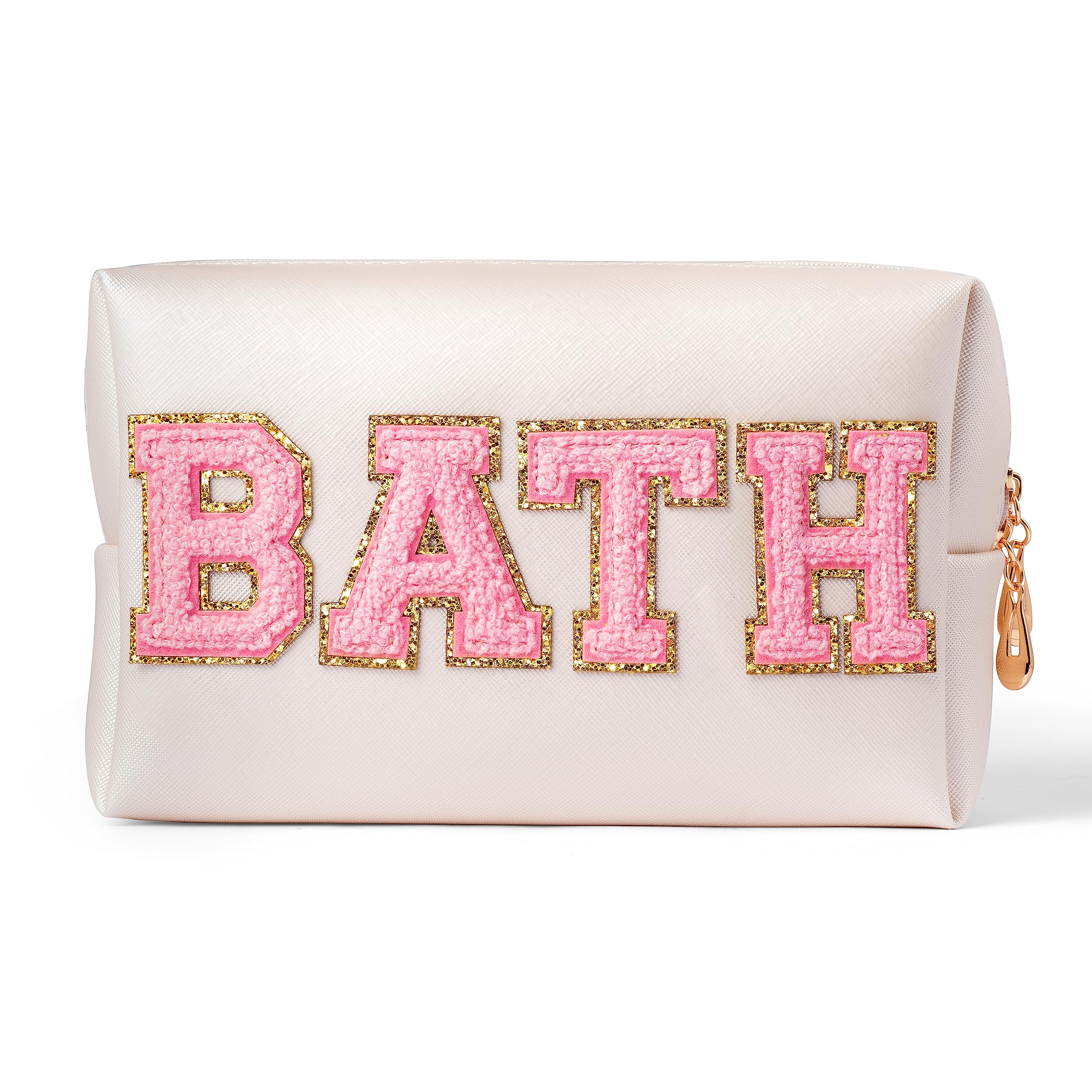 Y1tvei Preppy Patch BATH Letter Cosmetic Toiletry Bag PU Leather Portable Makeup Bag Sewn with Felt Varsity Letter Patches Water