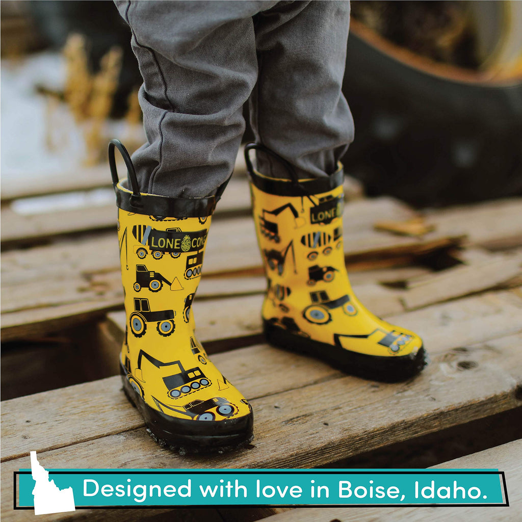 Lone Cone Rain Boots with Easy-On Handles in Fun Patterns for Toddlers and Kids, Construction Zone, 13 Little Kid