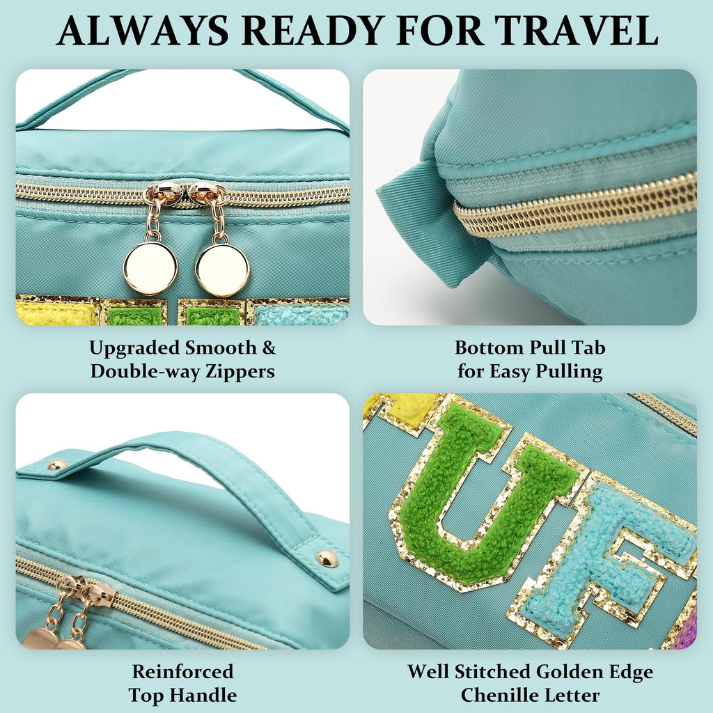 LONEDREAM Stoney Clover Preppy Makeup Bag, Large Capacity Travel Cosmetic Bag, Chenille Letter Open Flat Nylon Bag, Mint