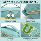 LONEDREAM Stoney Clover Preppy Makeup Bag, Large Capacity Travel Cosmetic Bag, Chenille Letter Open Flat Nylon Bag, Mint