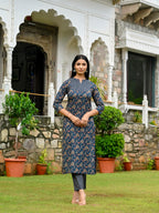 ANNI DESIGNER Women s Printed Rayon Blend Kurta and Pants, Blue, 44