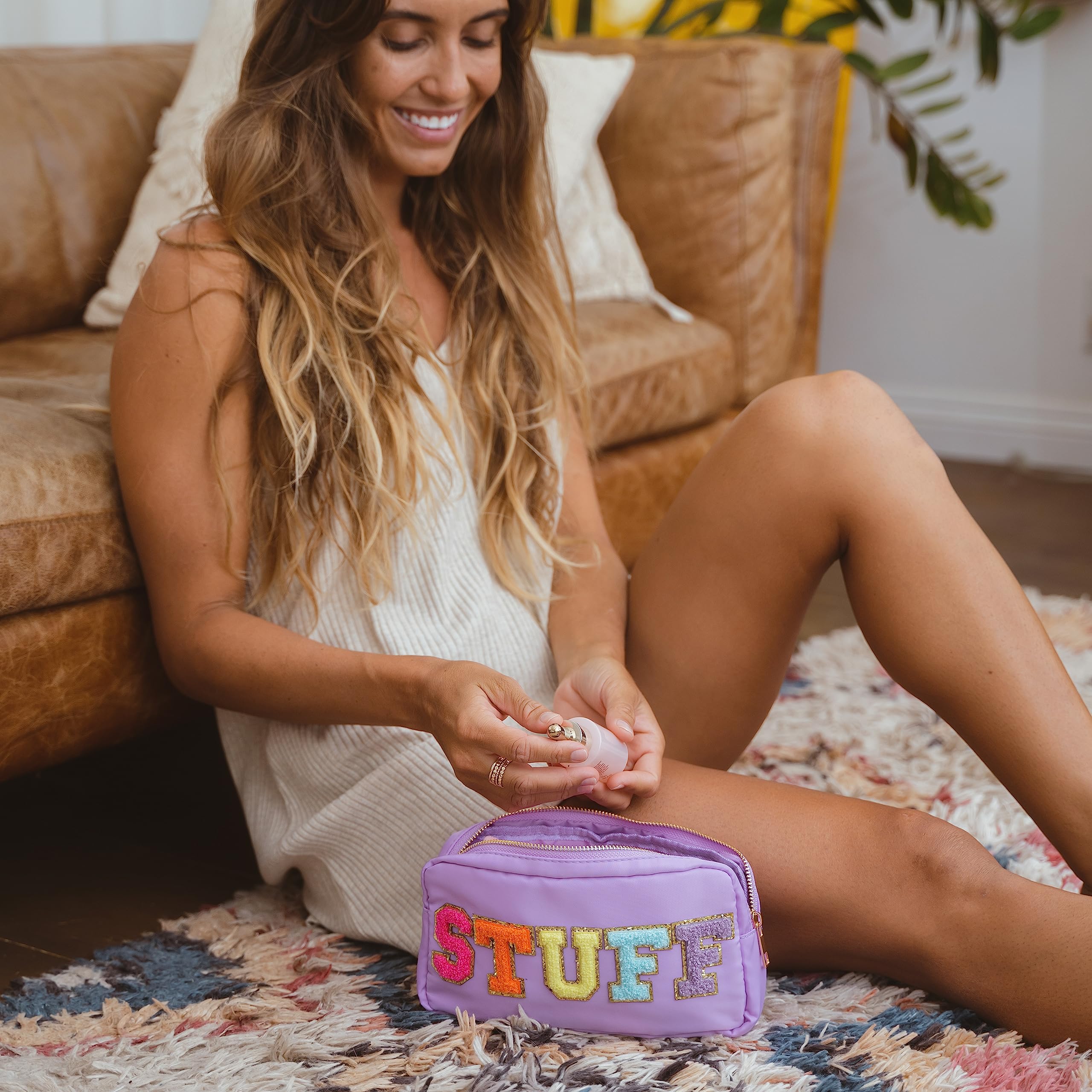 Fablinks Preppy Pouch, Chenille Varsity Letter Stuff Bag, Purple STUFF Nylon Skin Care Patch Bags Organizer, Travel Make Up Skin