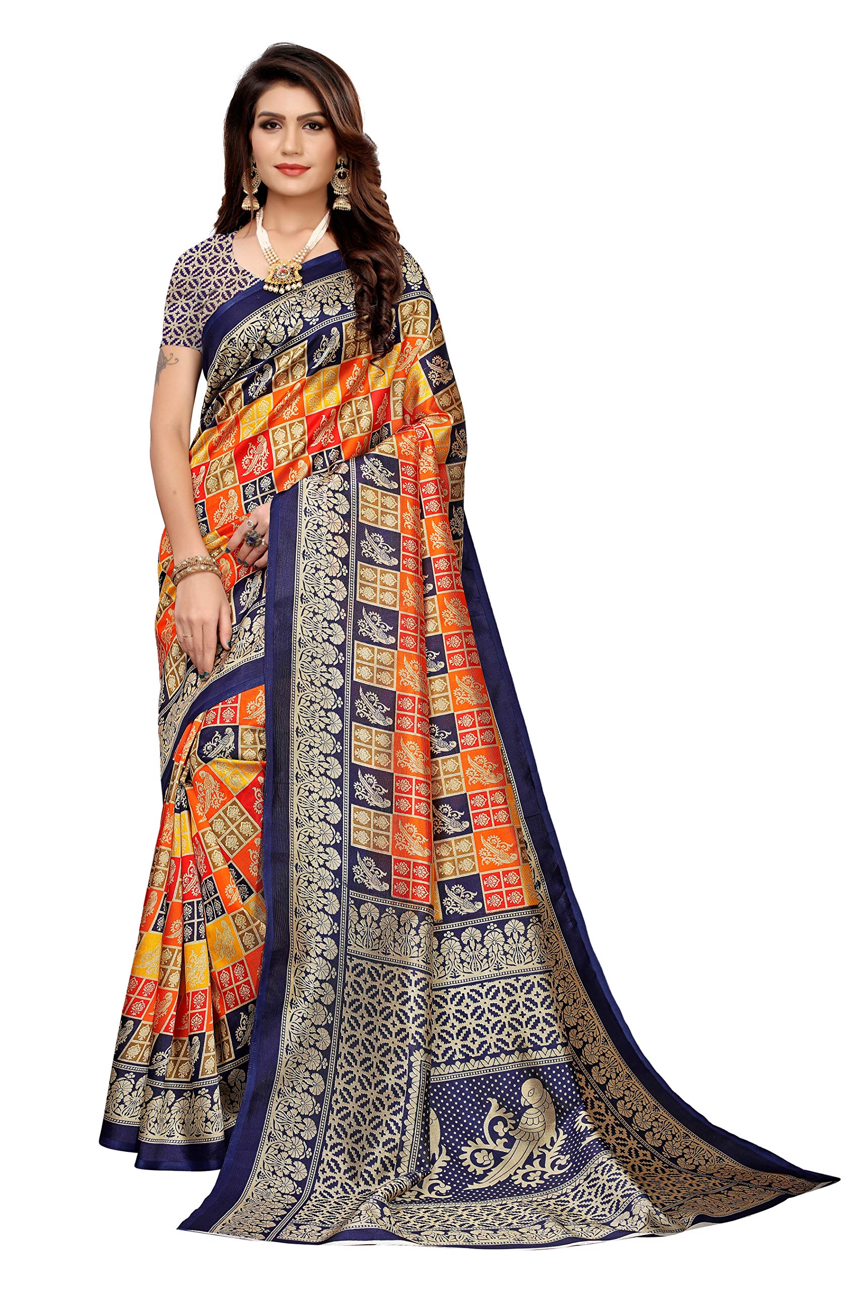 ANNI DESIGNER Womens Navy Blue Color Art Silk Saree With Blouse (PRITI-BIRDS-NAVY_Free Size)