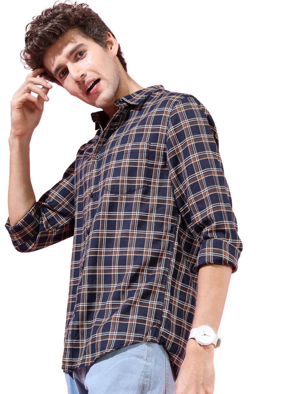 Ketch Cotton MenS Checkered Slim Fit Shirt (Khsh000336_Navy/Mustard Medium)