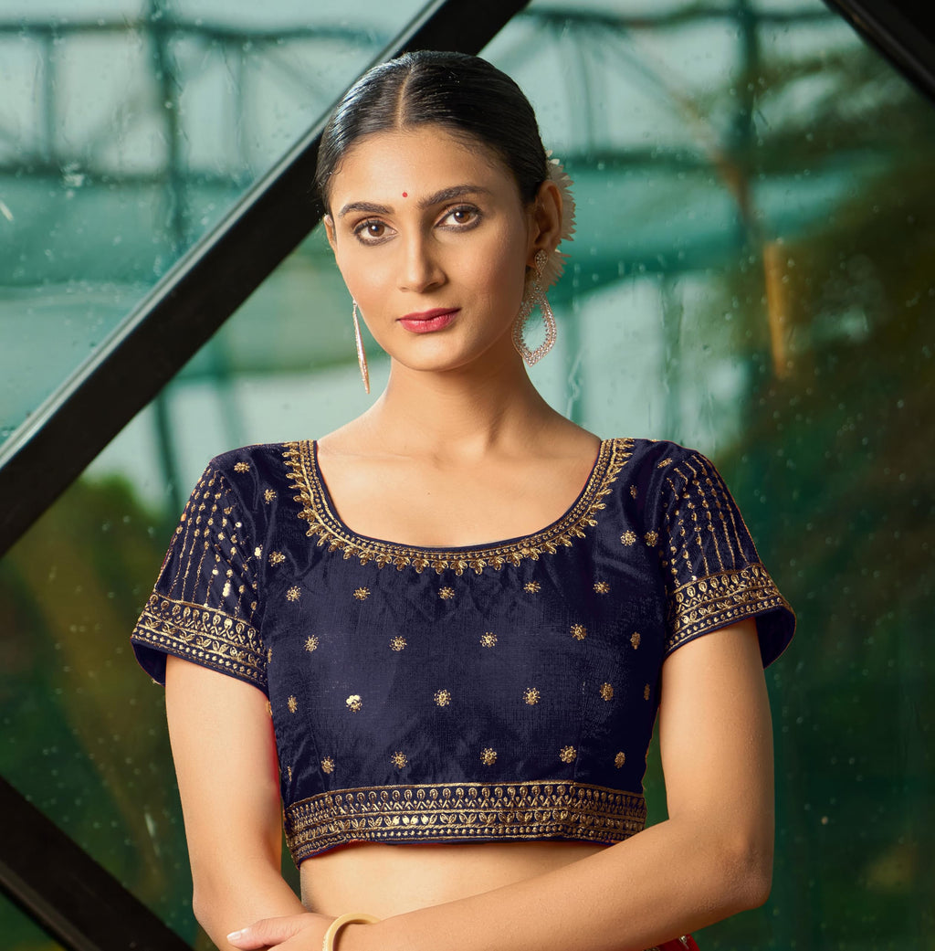Pujia Mills WomenS Navy Blue Readymade Blouse Embroidery Multi Coding Gold Thread Indian Ethnic Designer Blouse Stitched Women