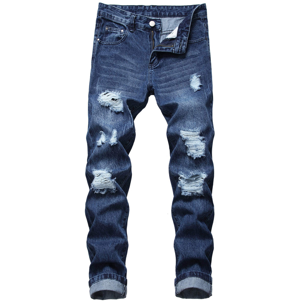 QIMYUM Mens Ripped Jeans, Distressed Destroyed Slim Fit Straight Leg Denim Pants (30, Dark Blue701)
