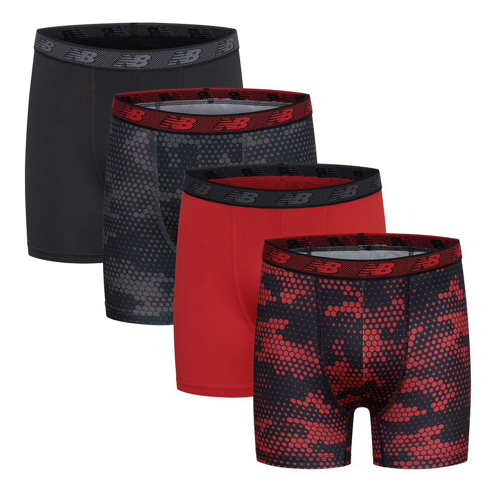 New Balance Boy's Underwear, Performance Boxer Briefs 4-Pack, Magnet Print/Team Red/Black/Team Red Print, X-Large