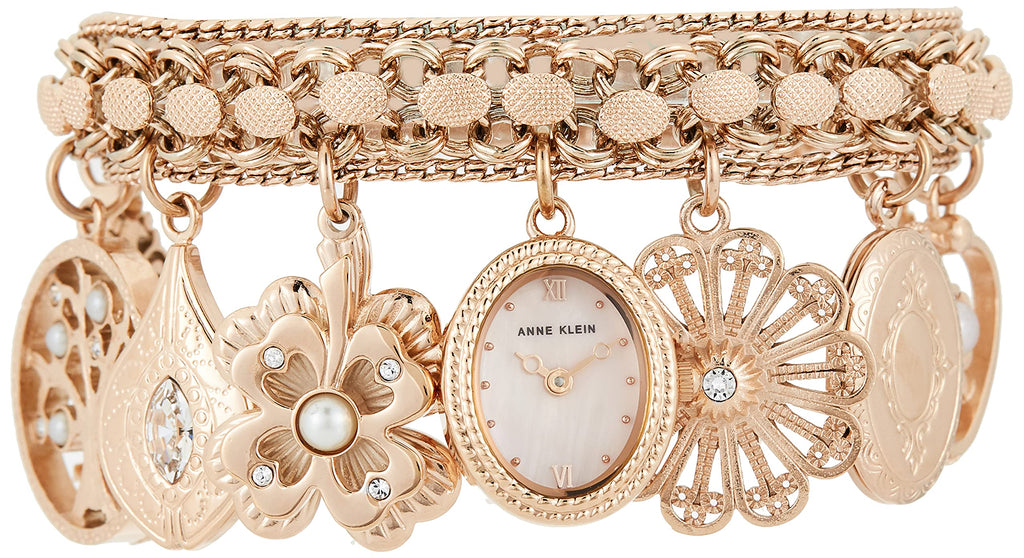 Anne Klein Women's Premium Crystal Accented Rose Gold-Tone Charm Bracelet Watch